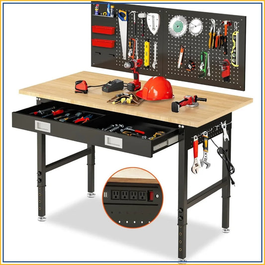 Heavy Duty Adjustable Workbench With Drawers, Power Outlet And Pegboard