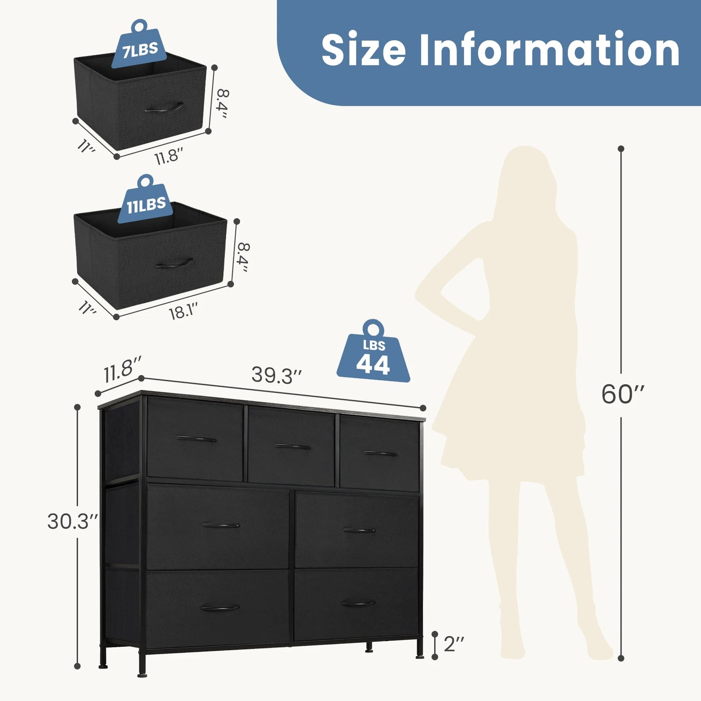 JHK Dresser With 7 Fabric Drawers Bedroom Organizer Cabinet