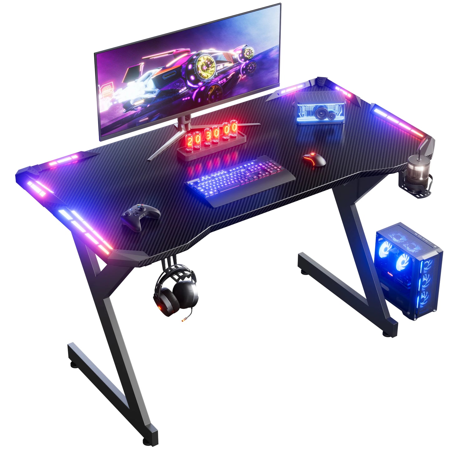 FRODROVIA Y-Shaped Gaming Desk With RGB LED Lights Cup Holder