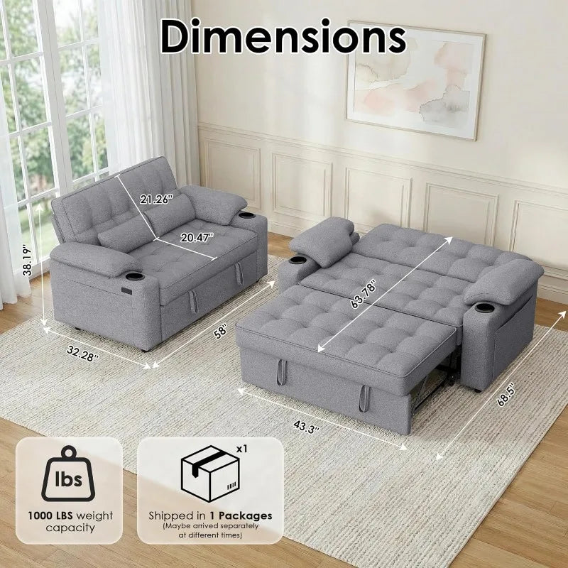 Convertible Sofa Bed With USB Charger And Cup Holders