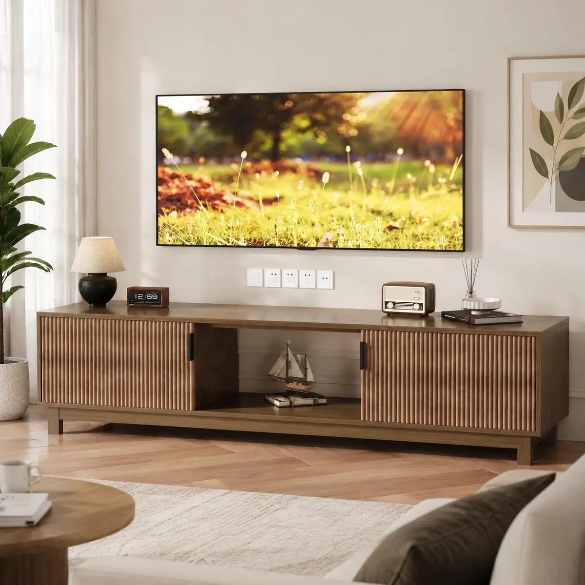 HiMISS Fluted TV Stand with Hinged Doors and Open Shelves