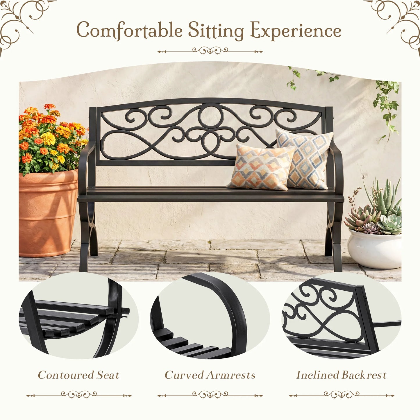 JHK Outdoor Metal Garden Bench With Decorative Scroll Backrest