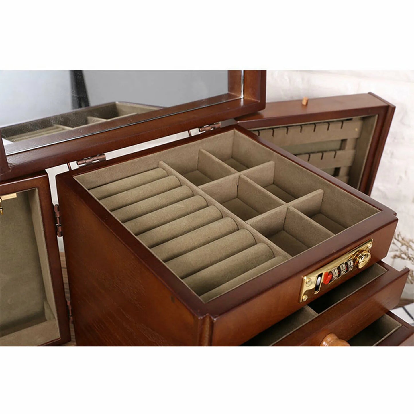 Wooden Jewelry Box With Mirror Password Lock Four Layer Organizer