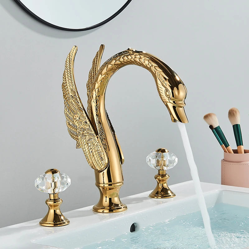 Saeuwtowy Golden Swan Bathroom Faucet With Dual Crystal Handles