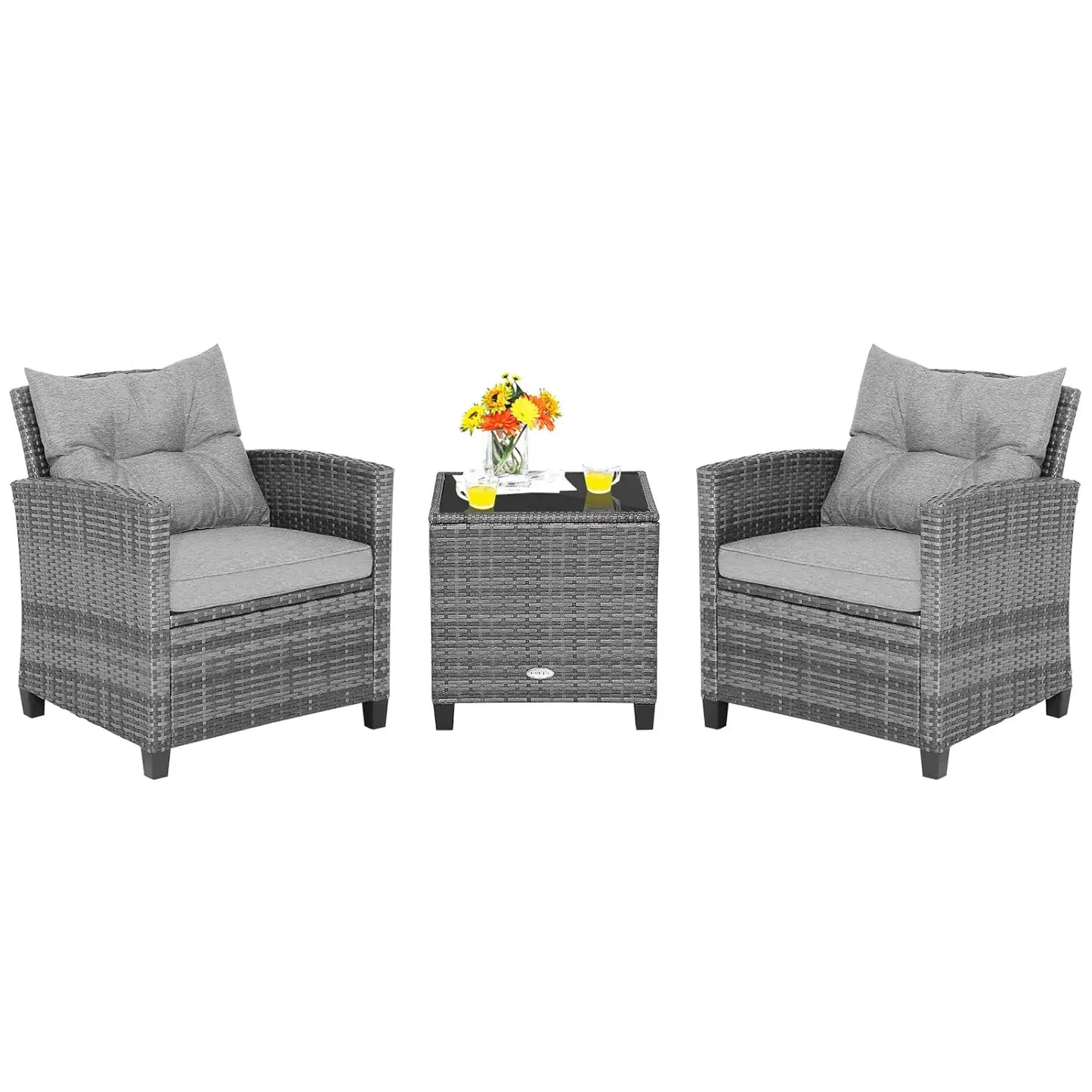 Outdoor PE Rattan Conversation Set With Tempered Glass Side Table