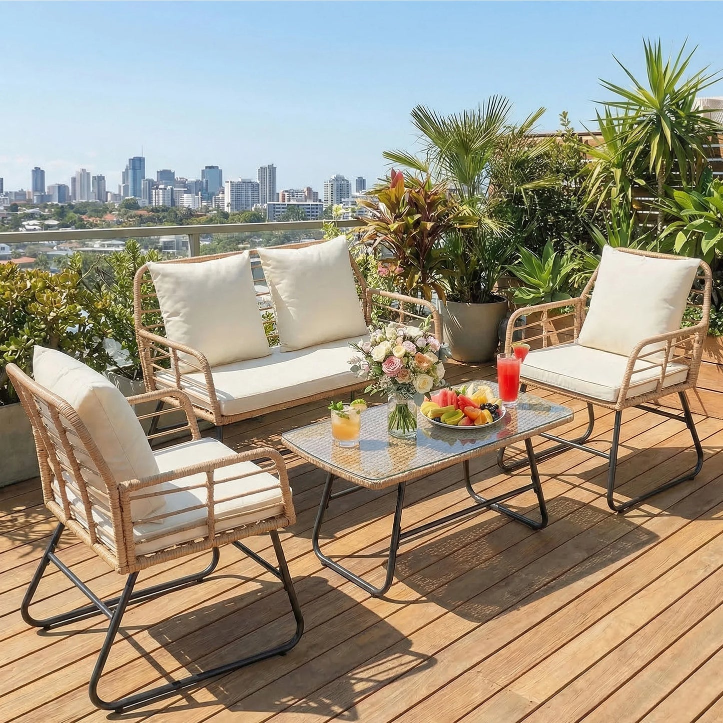 Outdoor Wicker Patio Furniture Set Four Pieces With Glass Table