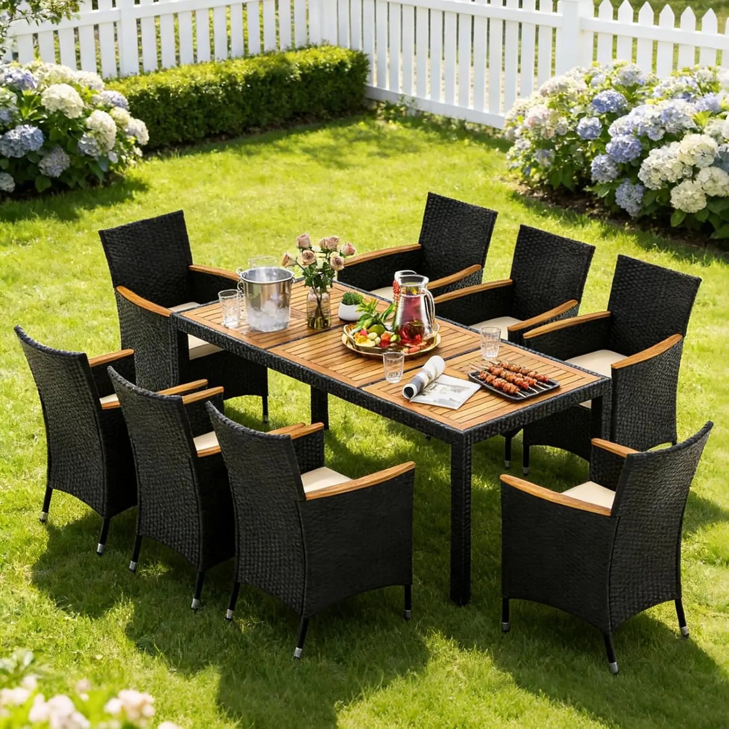 Outdoor Patio Dining Set Rattan Table And Chairs Acacia Wood Umbrella Hole