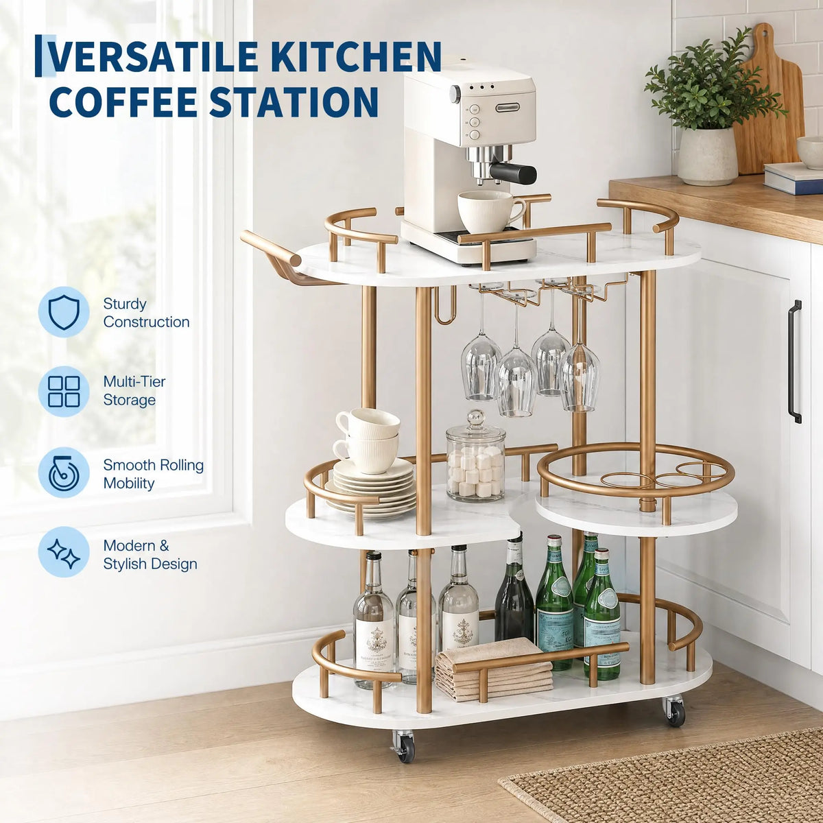 HiMISS Rolling Bar Cart With Wine Rack And Glass Holder