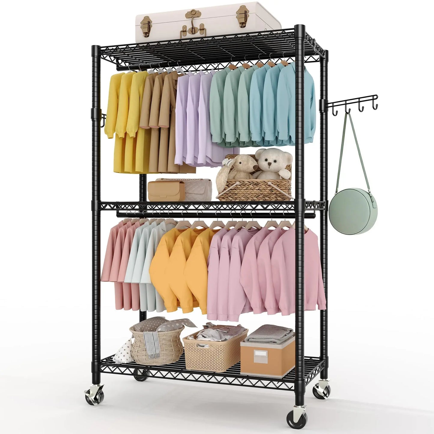 HiMISS 3 Tier Rolling Metal Garment Rack With Dual Rods