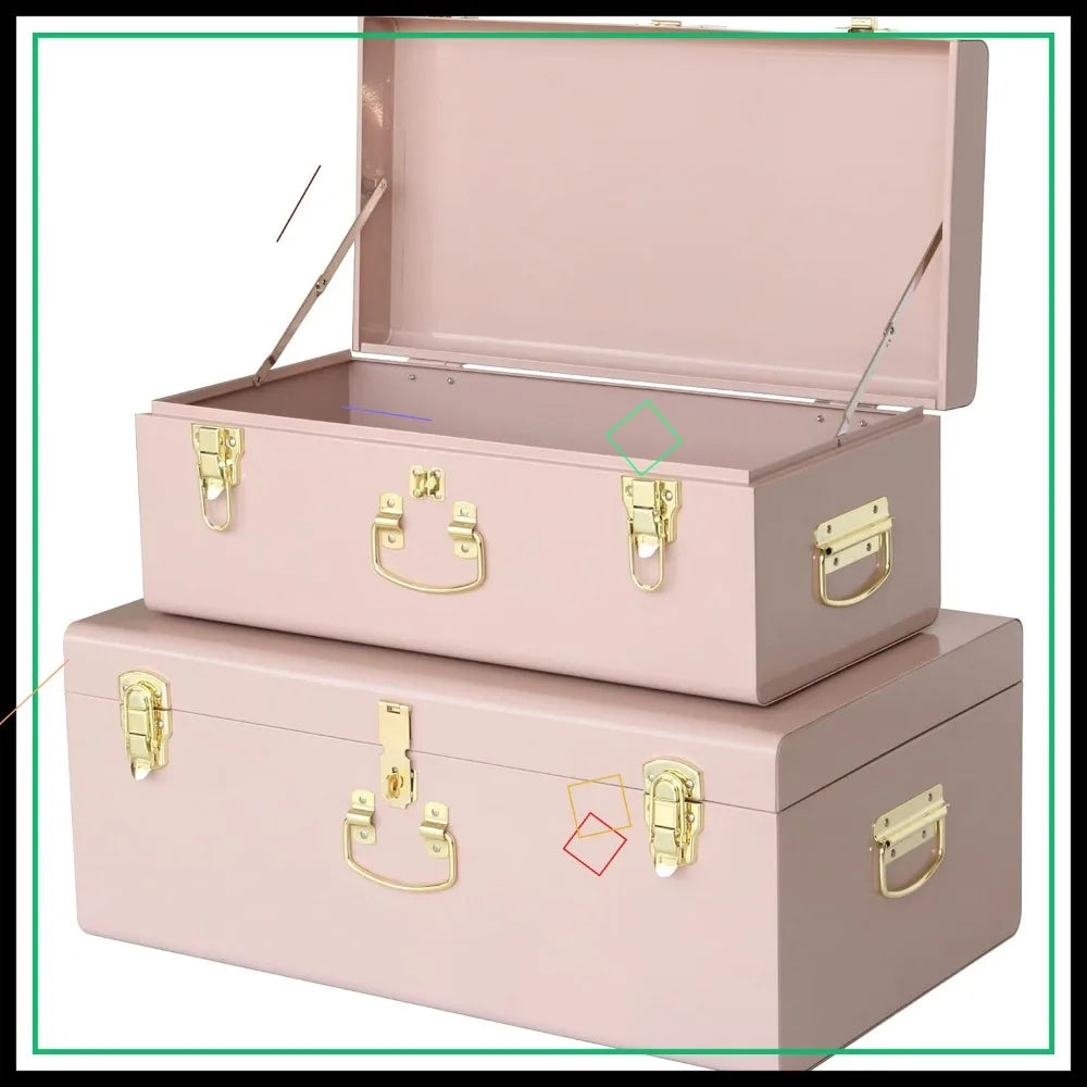 XMSJ Decorative Metal Box Storage Trunks Set Of 2 Dorm Chests With Handle