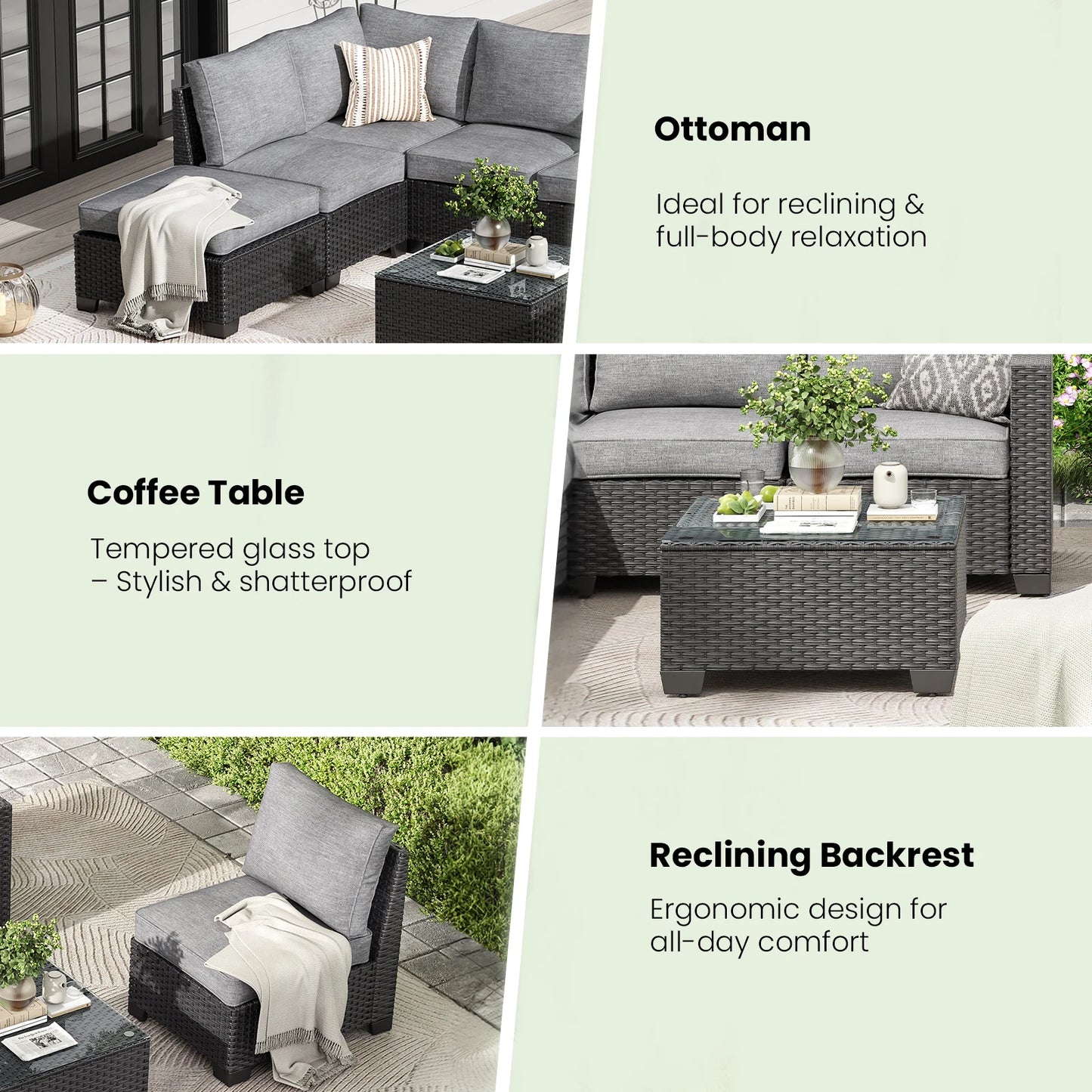 Outdoor Patio Sectional Sofa Set With Ottoman Water Resistant Fabric