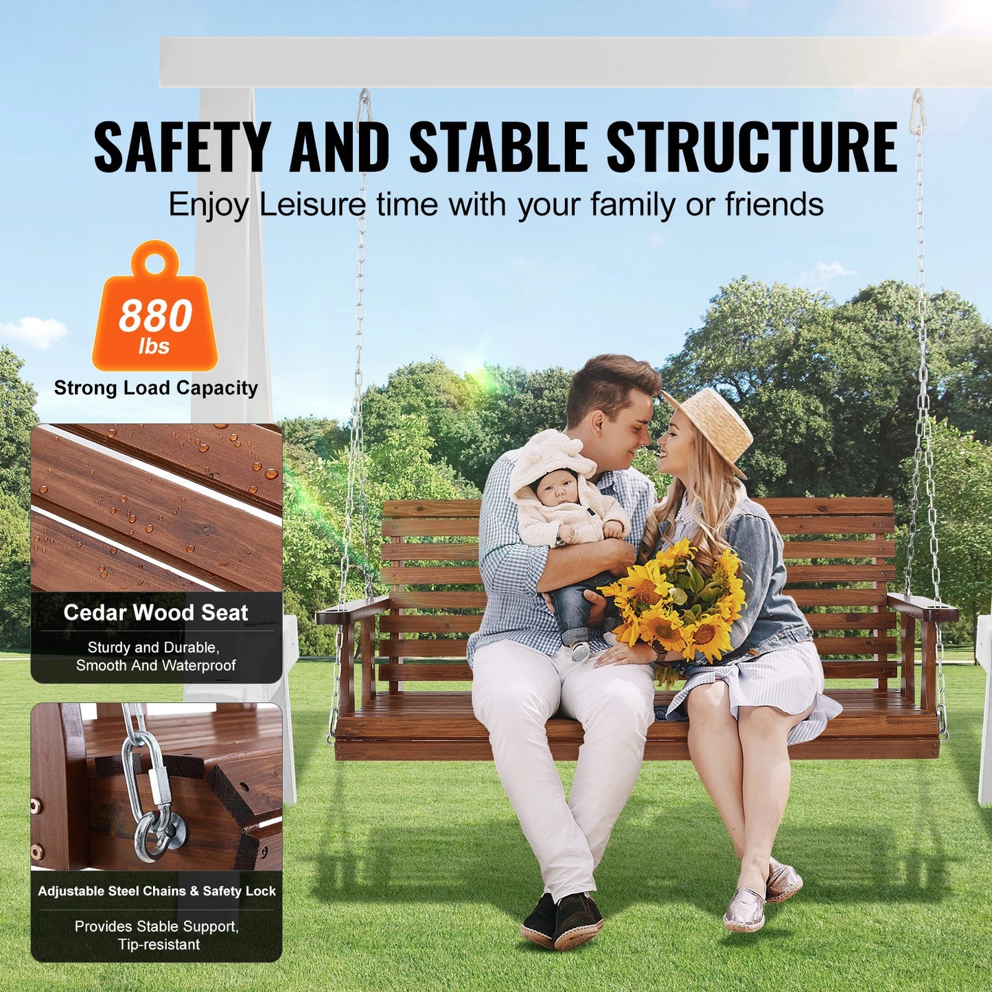 SucceBuy Wooden Porch Swing For Patio And Garden Outdoor Seating