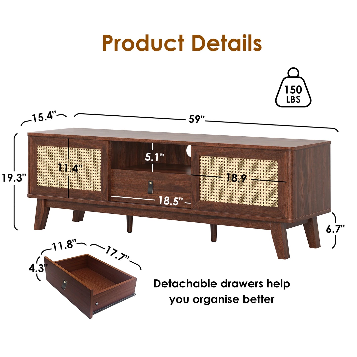 FARINI Mid Century Rattan TV Stand With Drawer And Cabinets