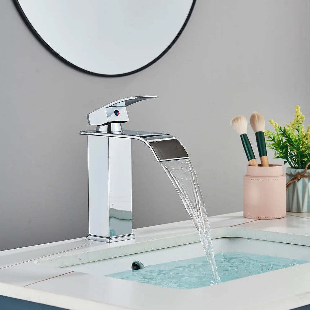 Onyzpily Deck Mounted Waterfall Basin Faucet Single Lever Hot Cold