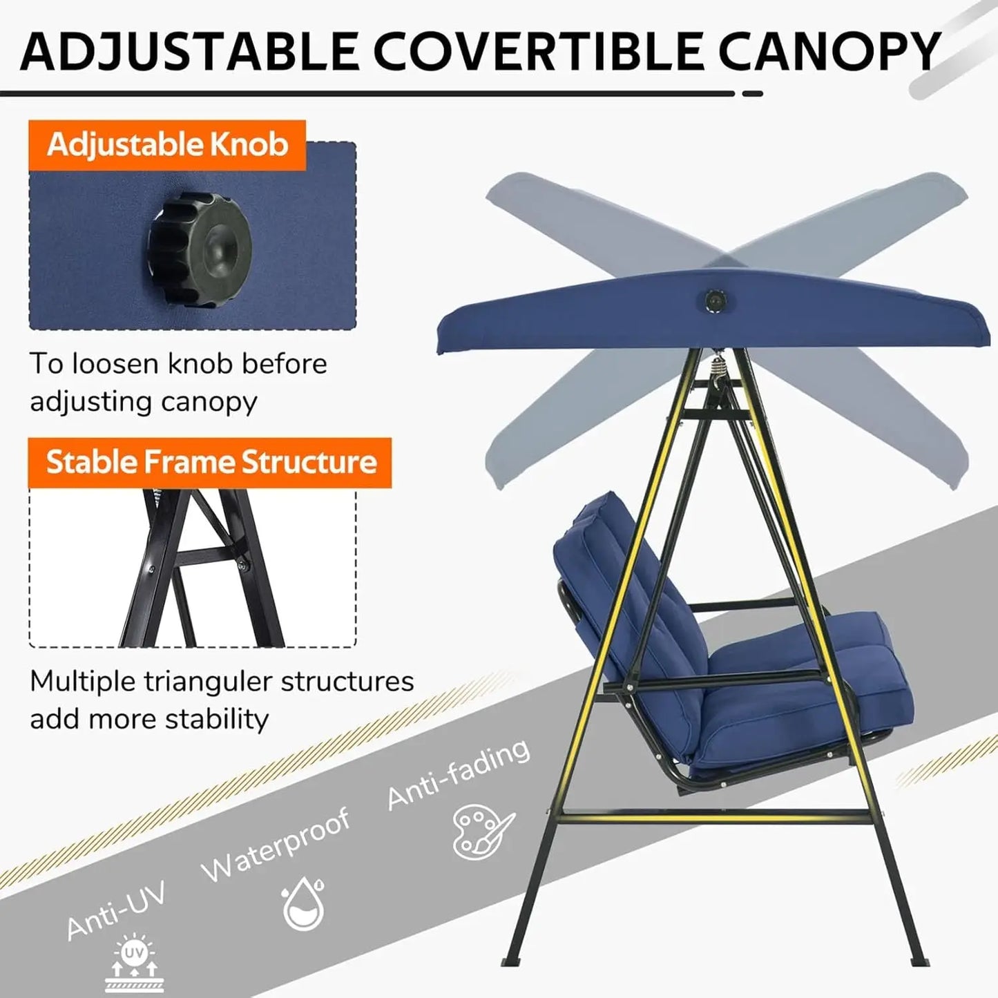 Outdoor 2-Seat Swing Chair With Adjustable Canopy Weatherproof