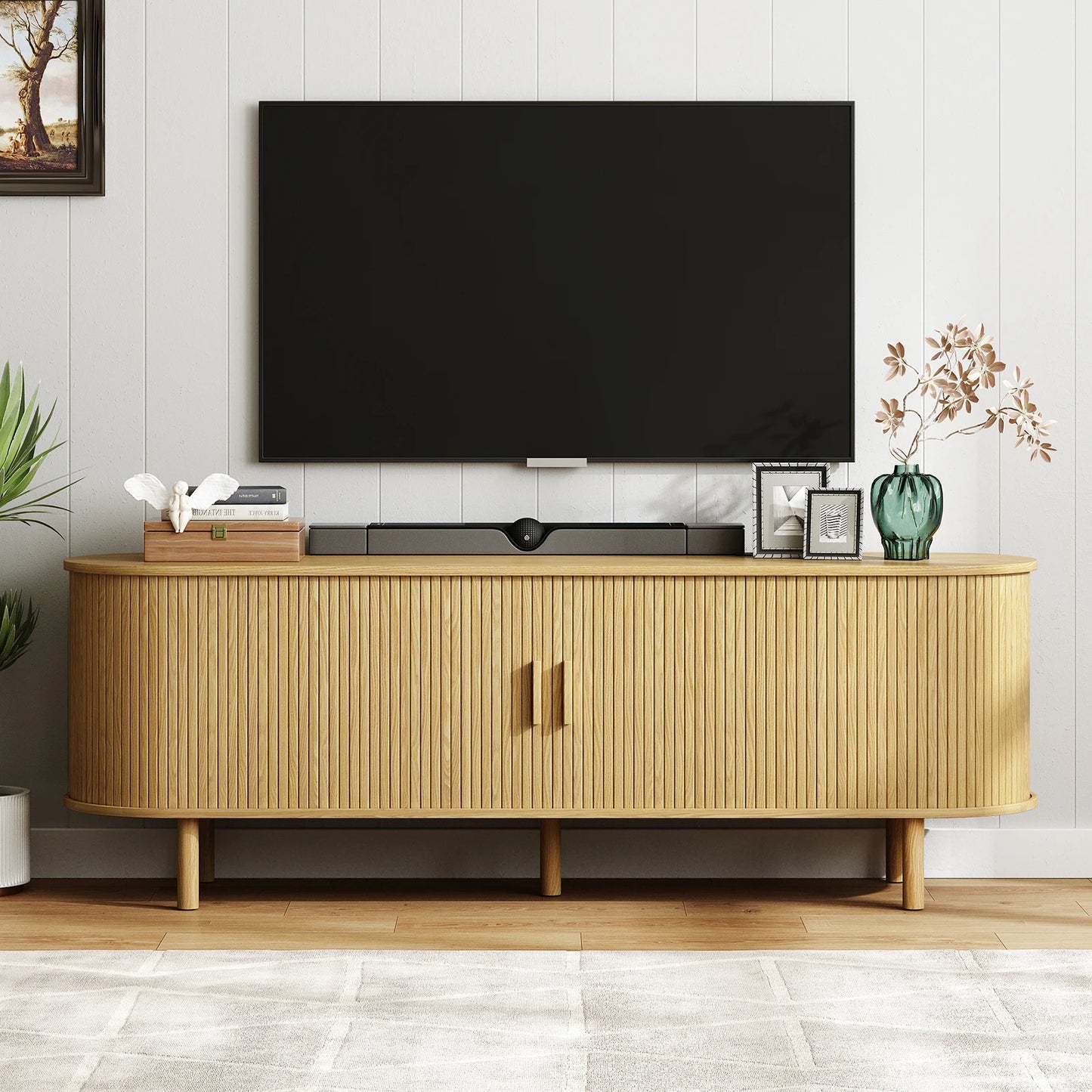 ONBRILL TV Stand With Power Outlet Sliding Doors Storage