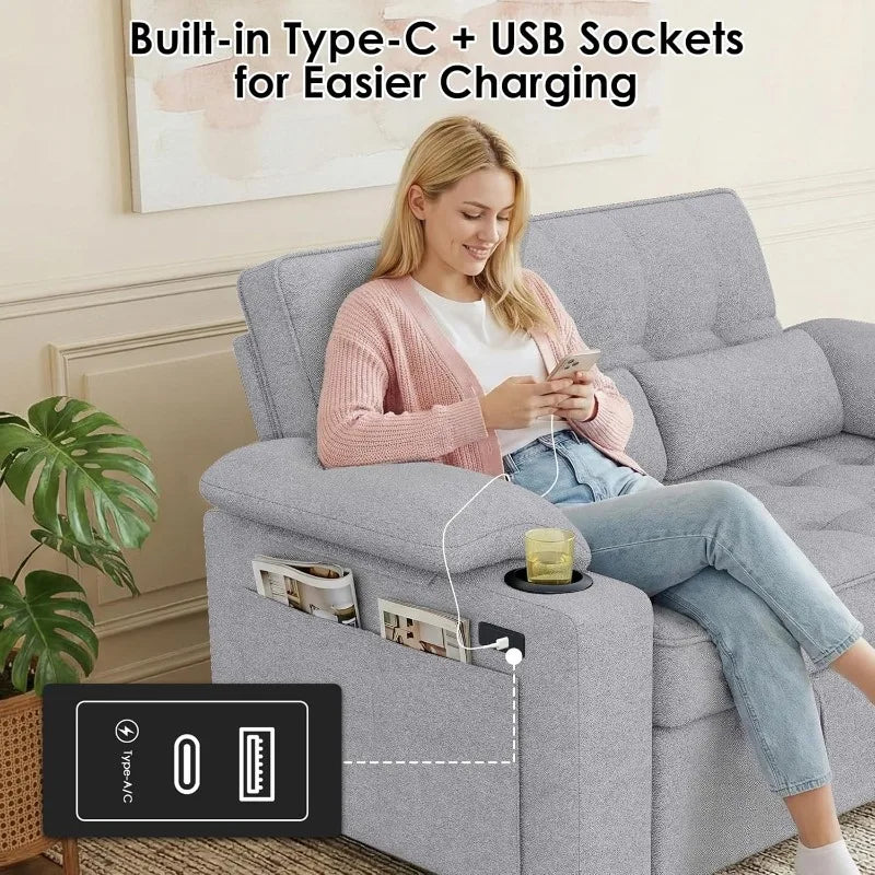 Convertible Sofa Bed With USB Charger And Cup Holders