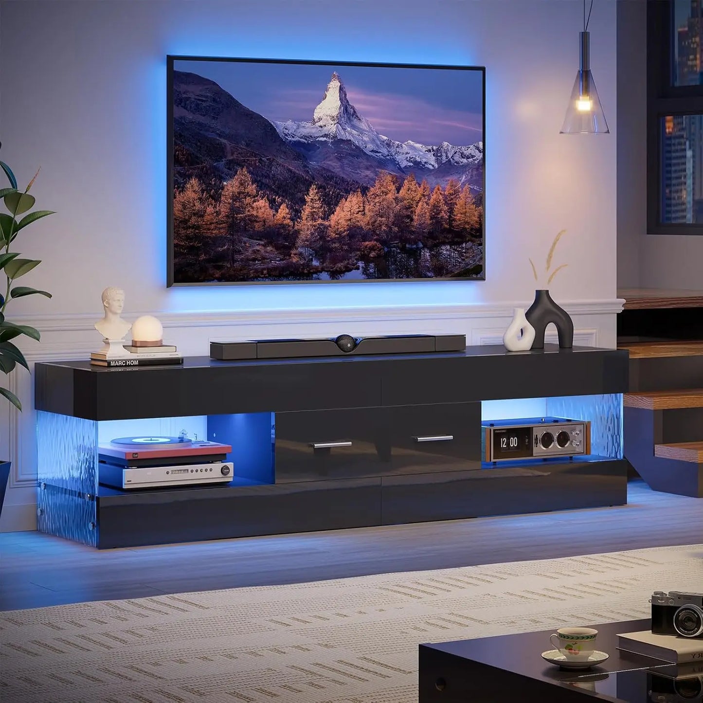 High Gloss Modern TV Stand With Stone Patterned Side Panels