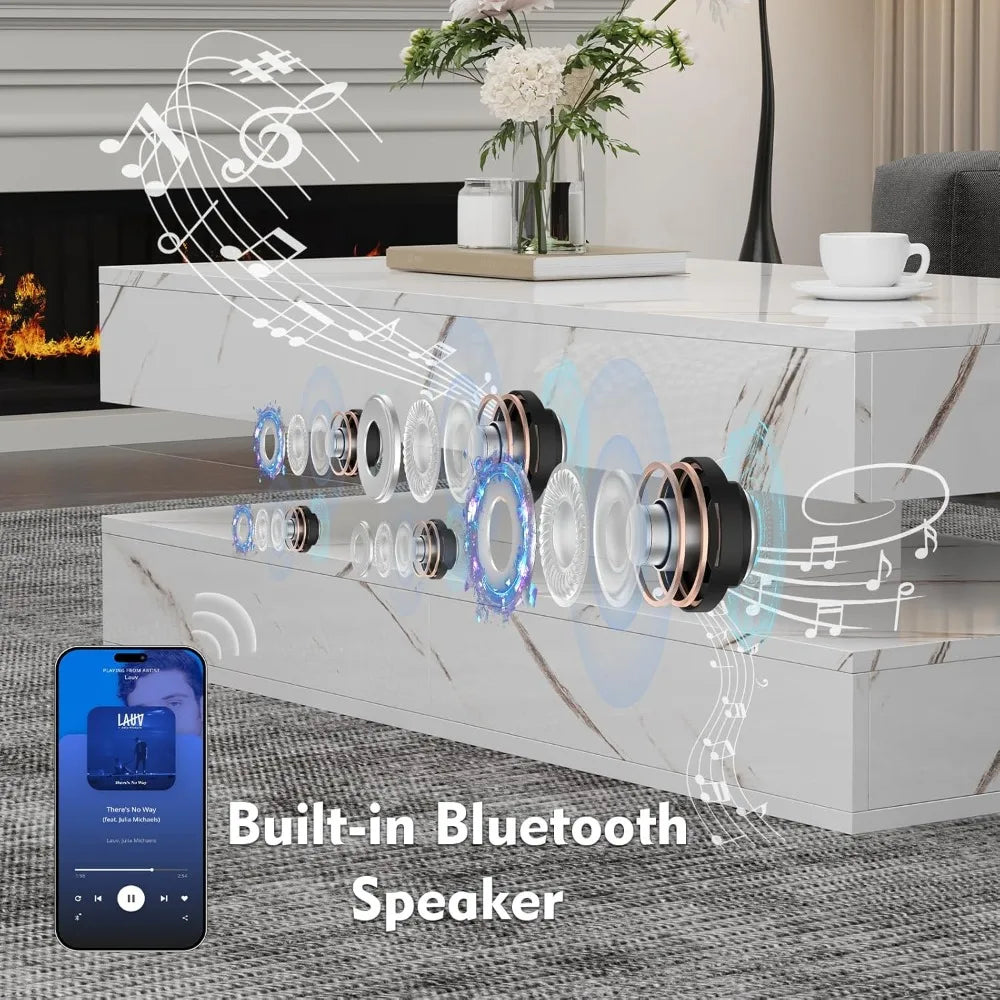 Smart LED Coffee Table With Wireless Charging Bluetooth Speaker Drawers