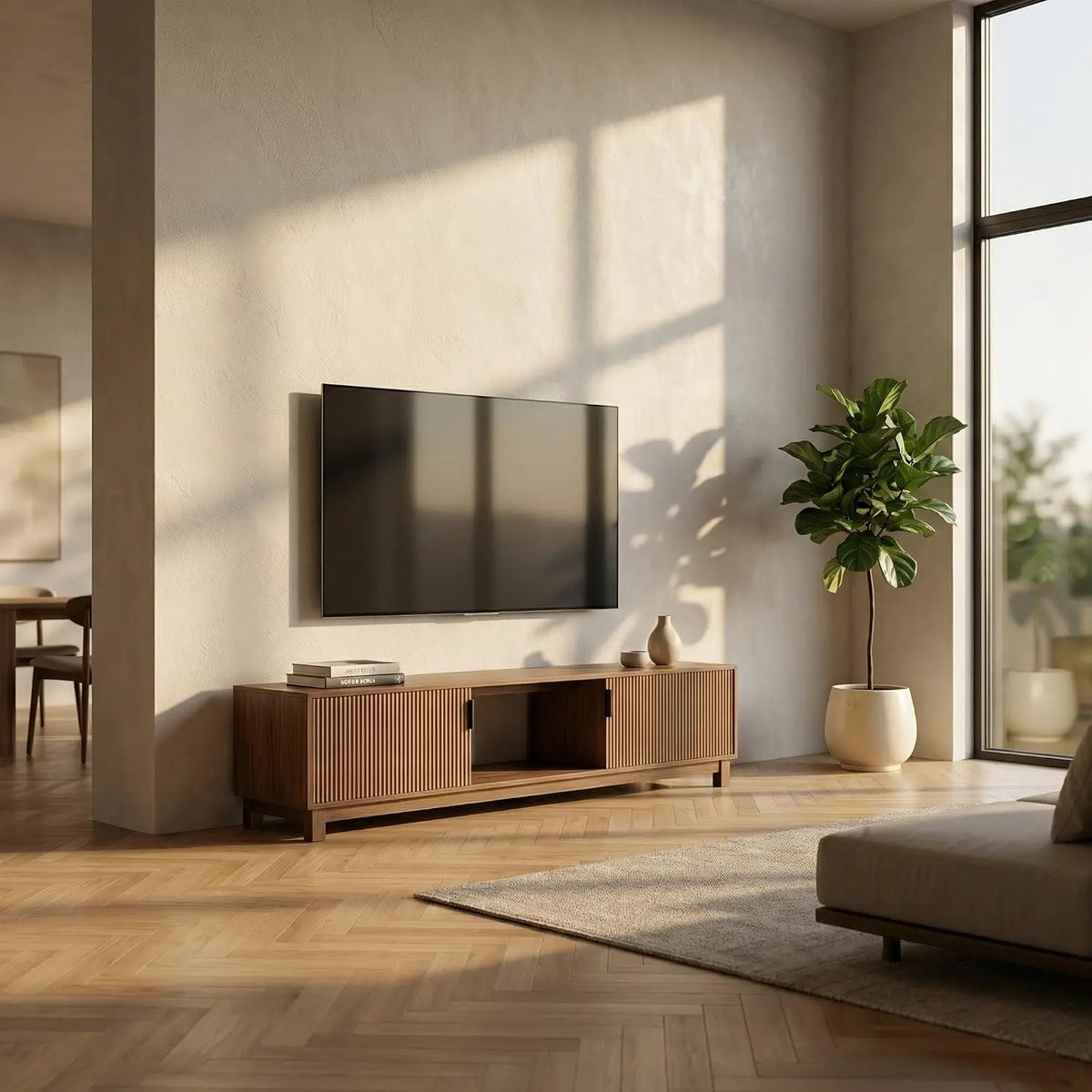 HiMISS Fluted TV Stand with Hinged Doors and Open Shelves