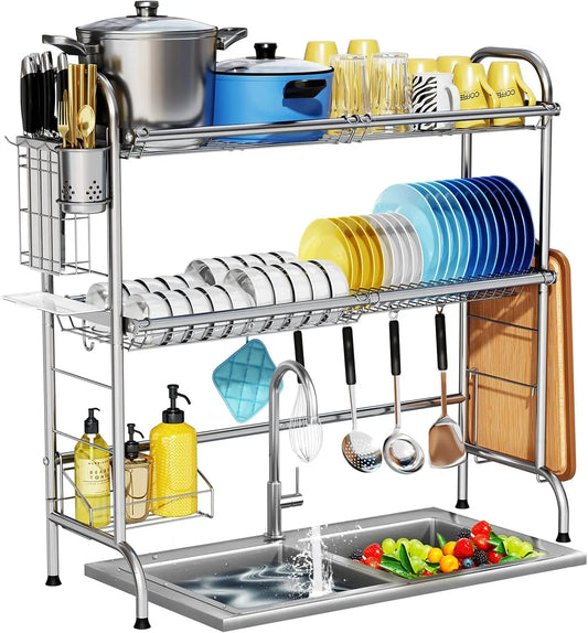 Stainless Steel Over Sink Dish Drying Rack With Utensil Holder Large Capacity