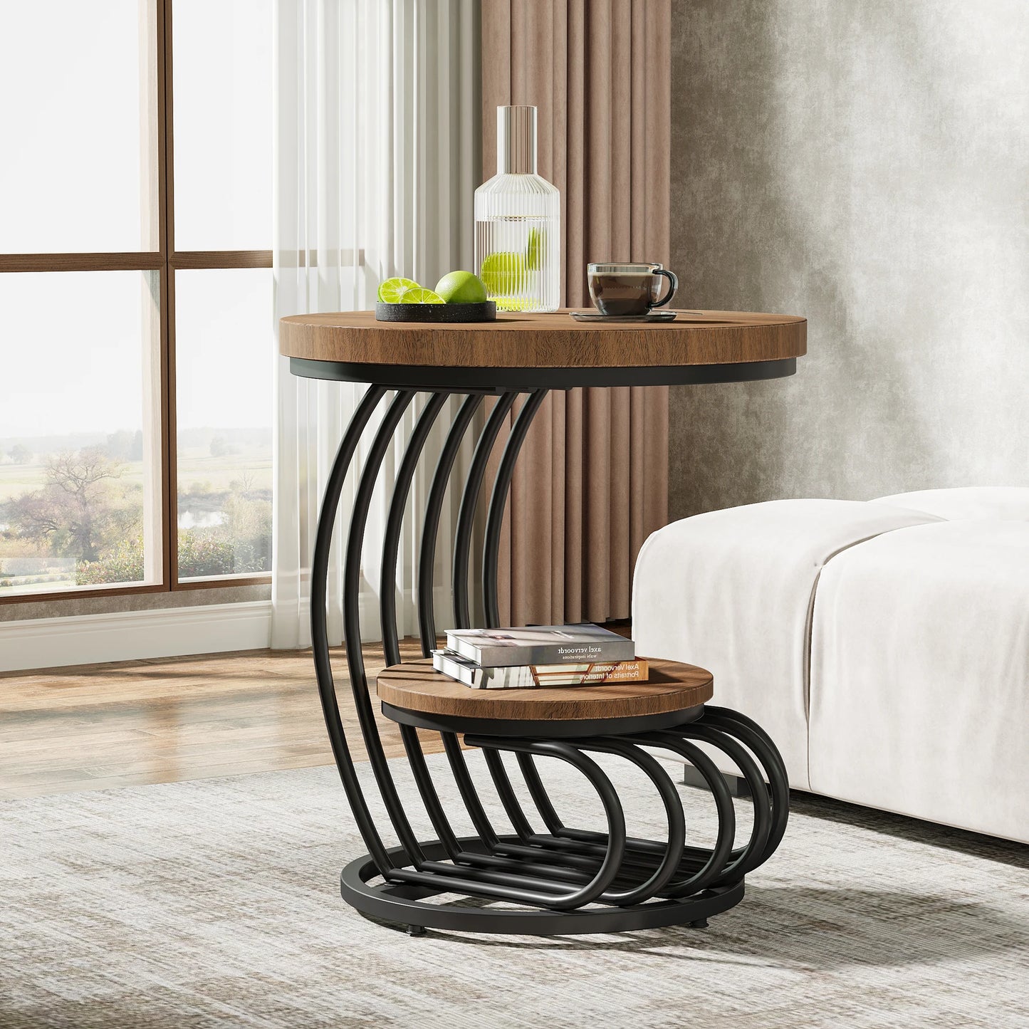 Tribesigns Round End Table With Storage Shelf Two Tier