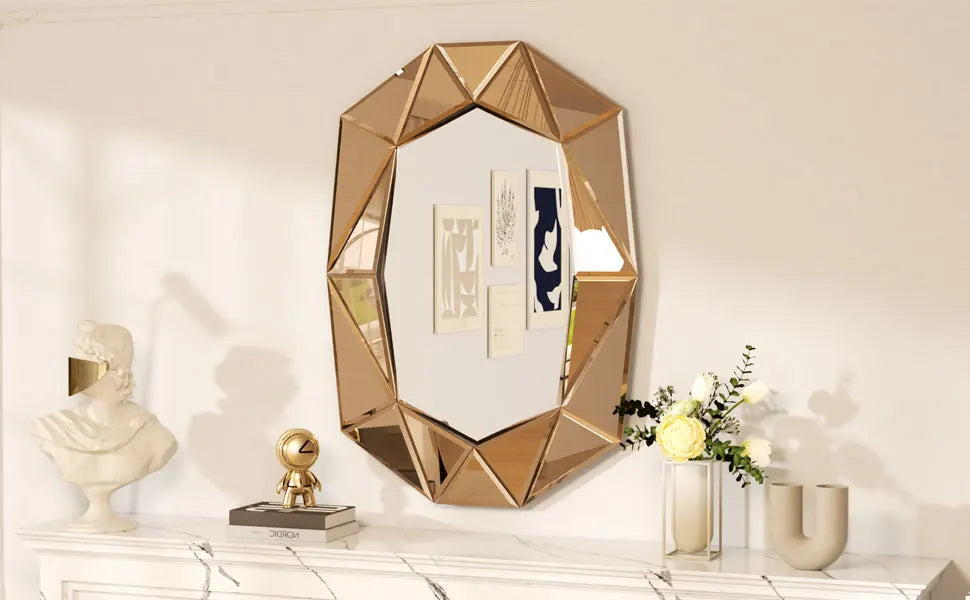 Wisfor Irregular Silver Glass Wall Mirror With Beveled Diamond Edge Living Room