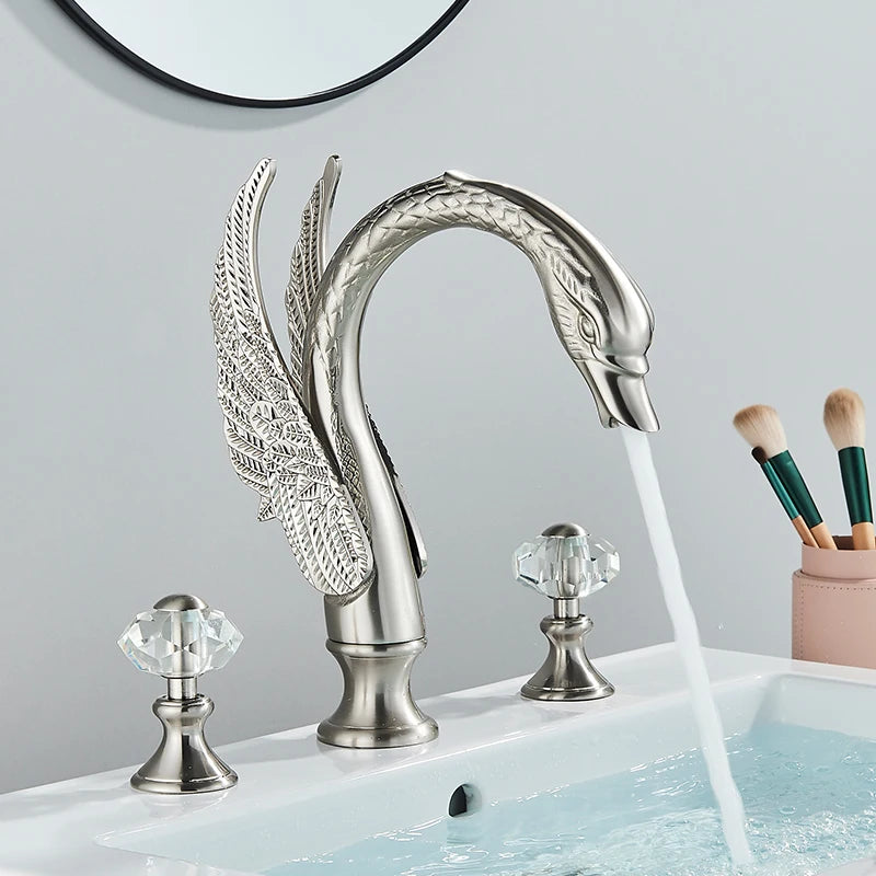 Saeuwtowy Golden Swan Bathroom Faucet With Dual Crystal Handles