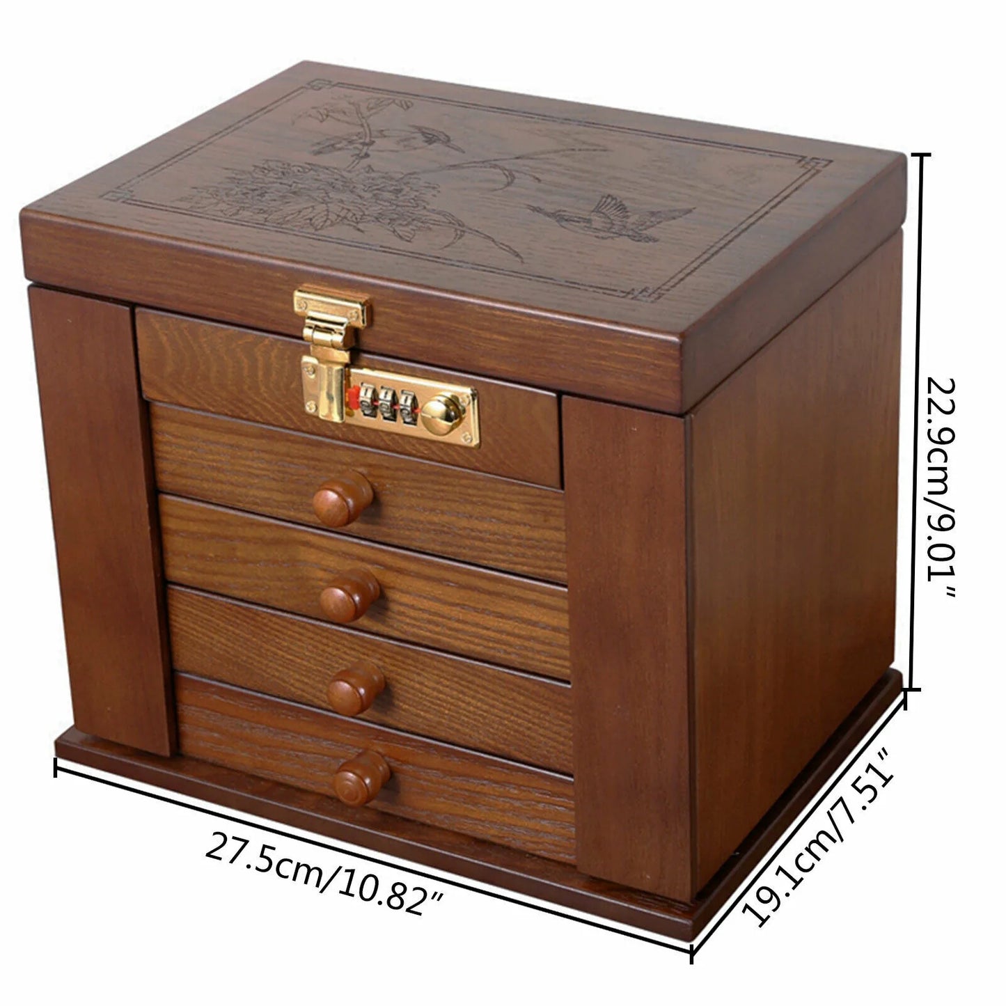 Wooden Jewelry Box With Mirror Password Lock Four Layer Organizer