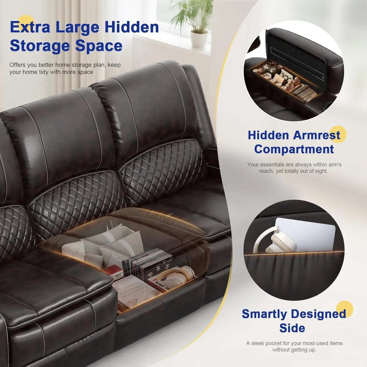 3 Seat Recliner Sofa With Console USB Ports And Cupholders