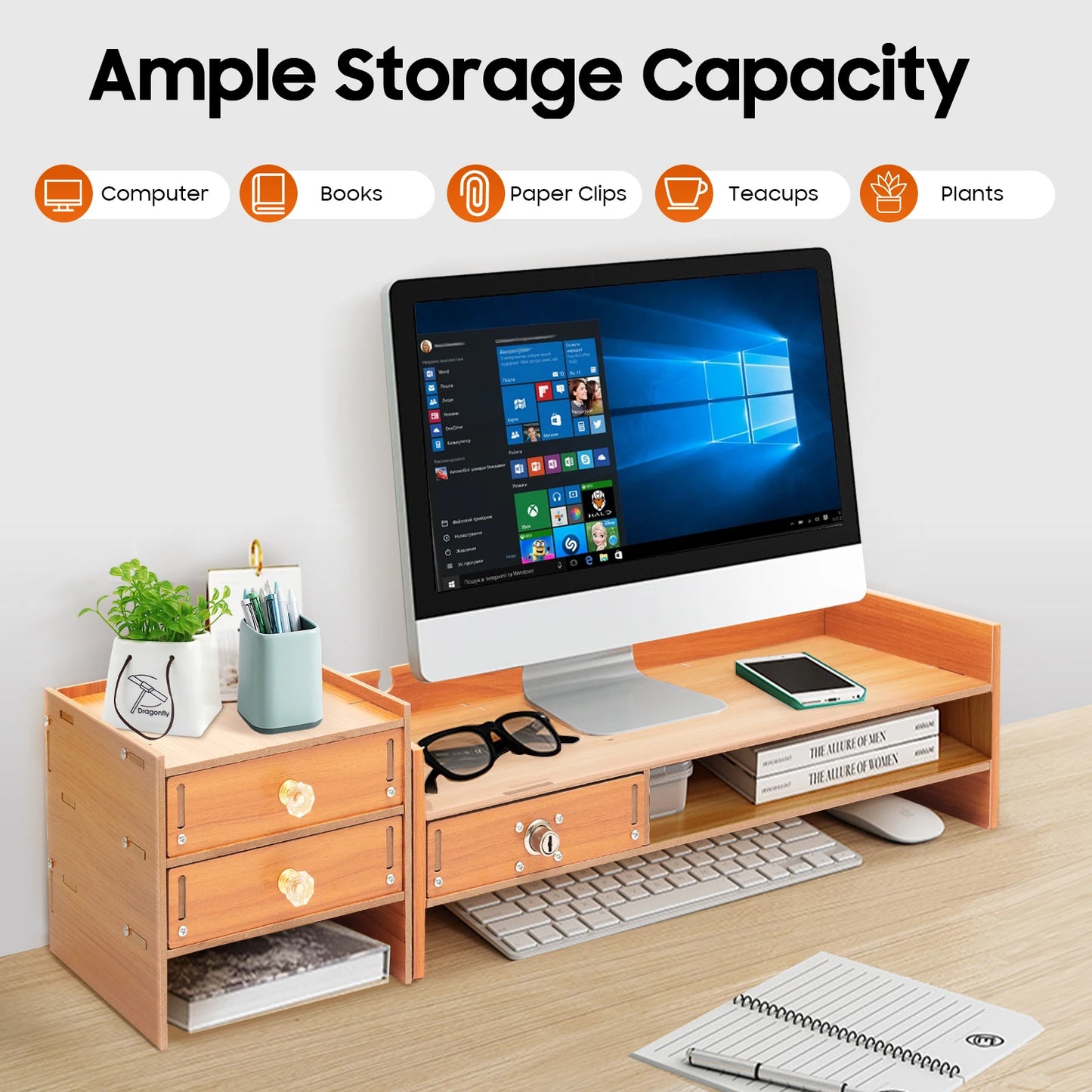 Bymaocar Wooden Monitor Stand With Lockable Drawer Storage Desk Organizer