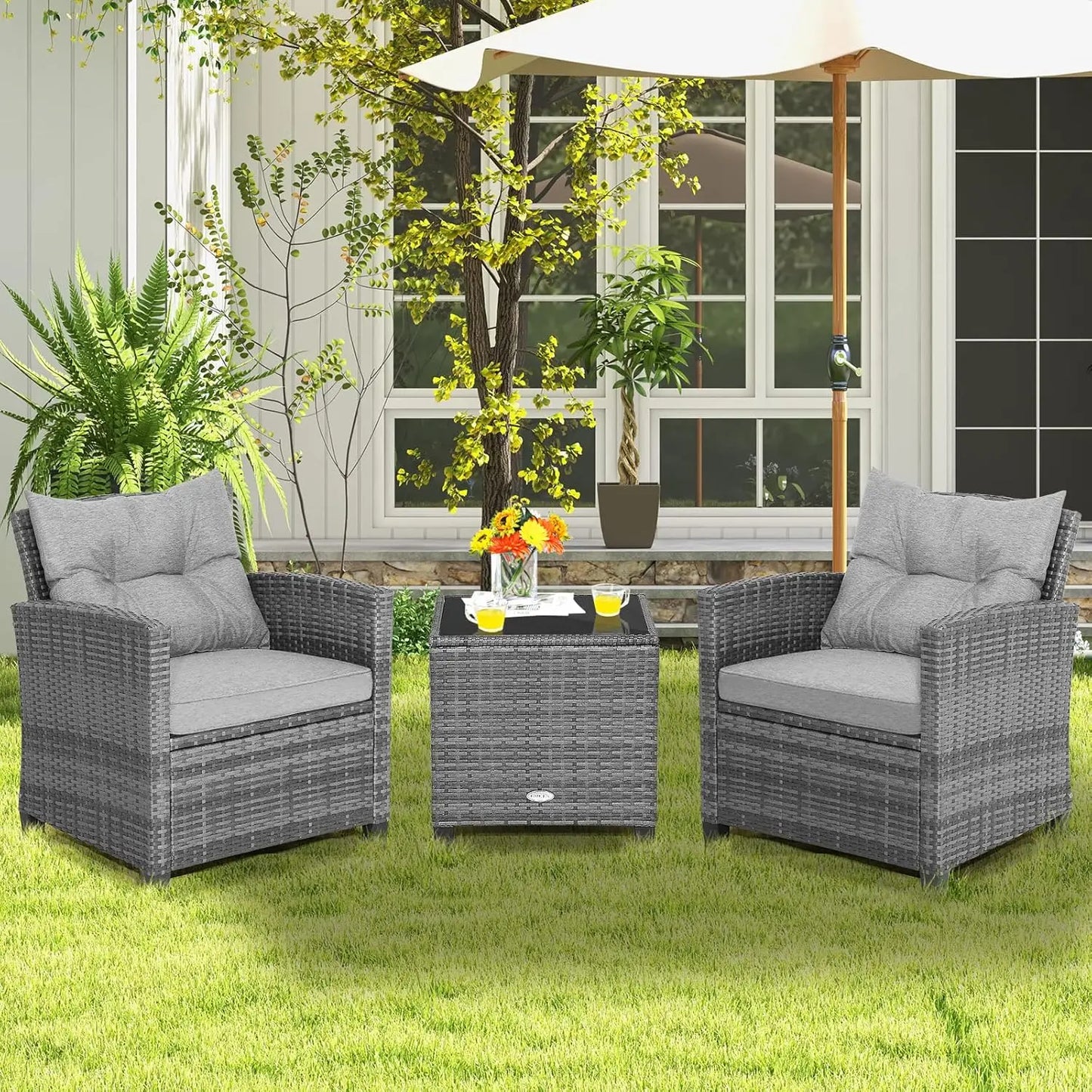 Outdoor PE Rattan Conversation Set With Tempered Glass Side Table