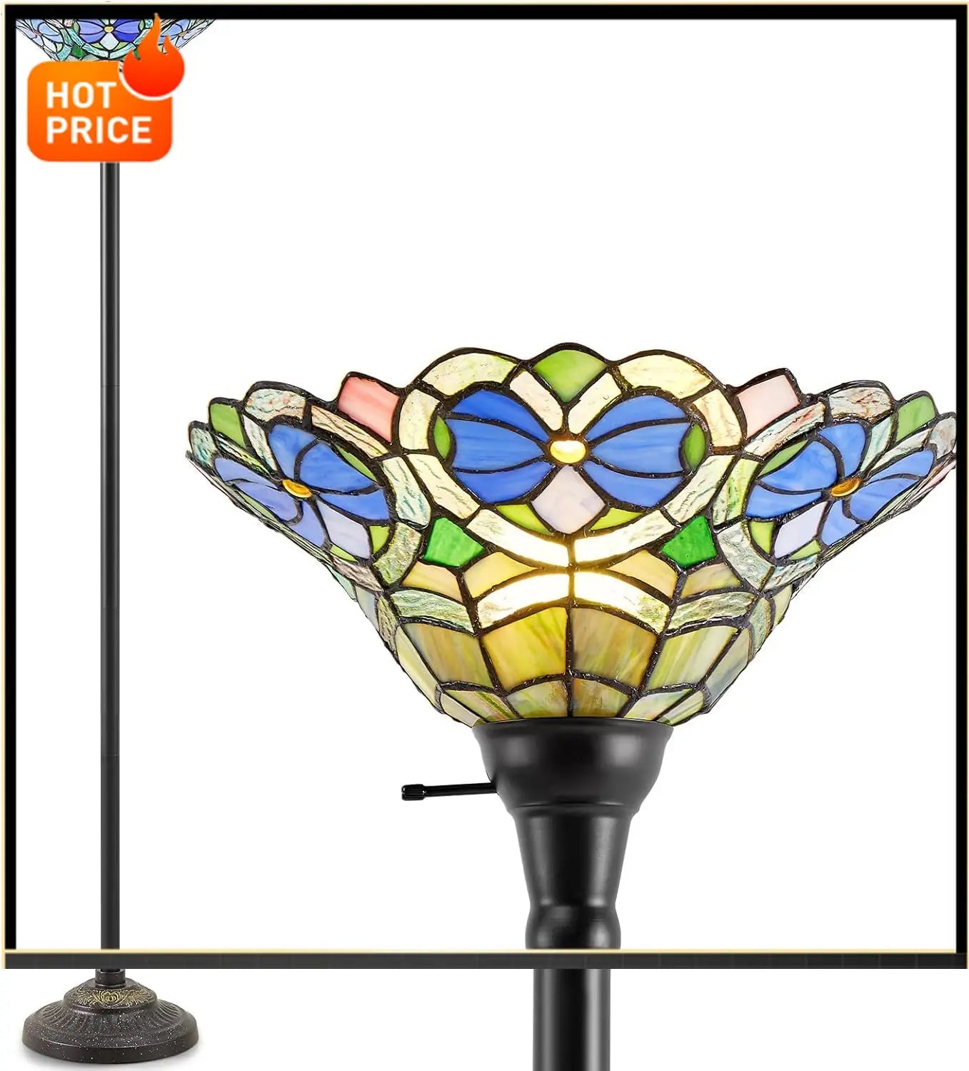 Tiffany Style Torchiere Floor Lamp With Victorian Stained Glass Shade
