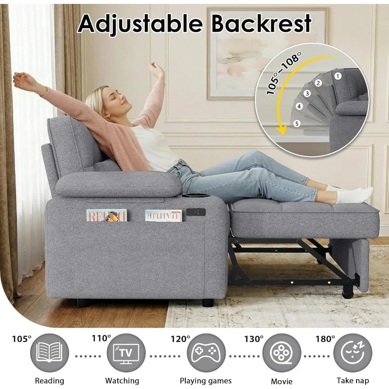 Convertible Sofa Bed With USB Charger And Cup Holders
