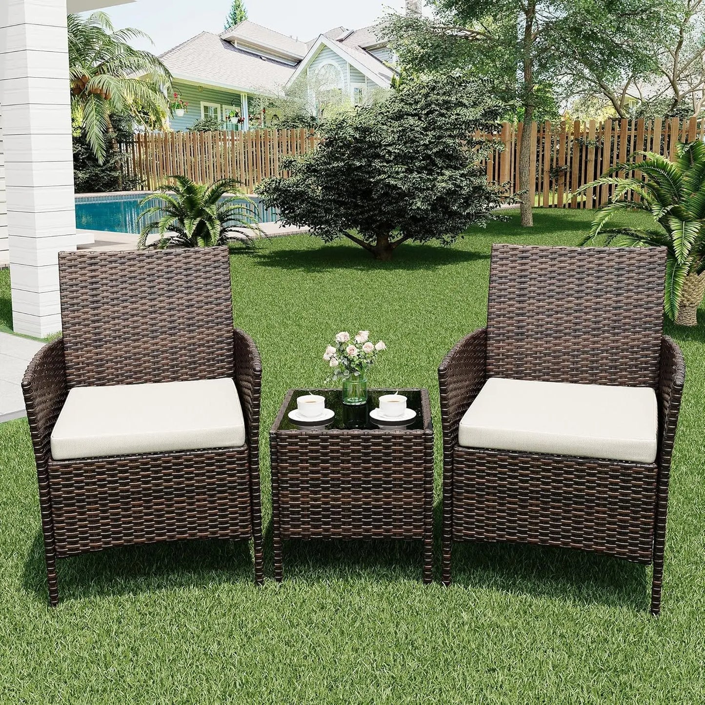 HiMISS Outdoor Patio Furniture Set Rattan Chairs And Glass Table