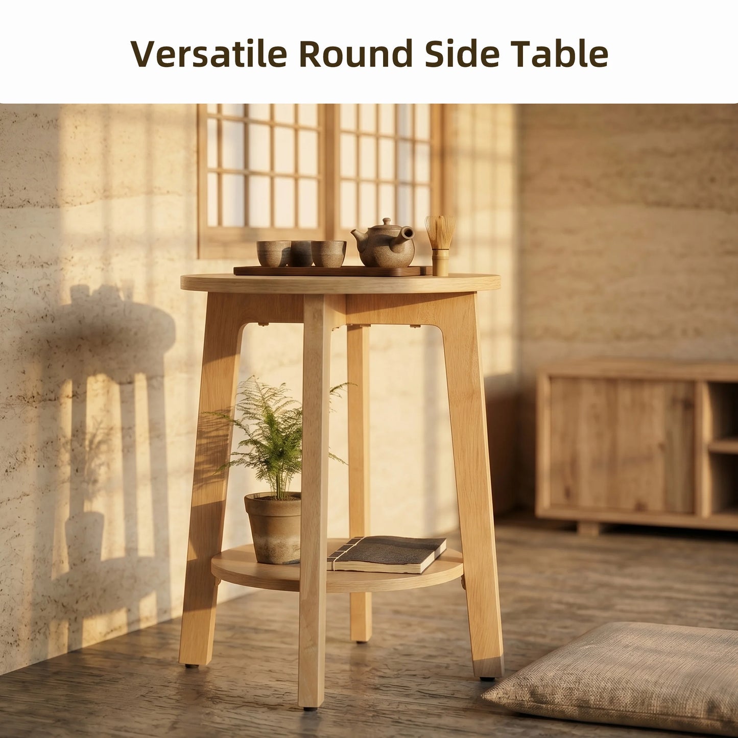 JHK Wood Round Side Tables Two Tier With Storage Shelf