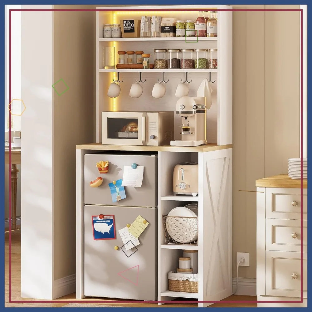 7-Tier Kitchen Microwave Stand With Mini Fridge And LED Lights