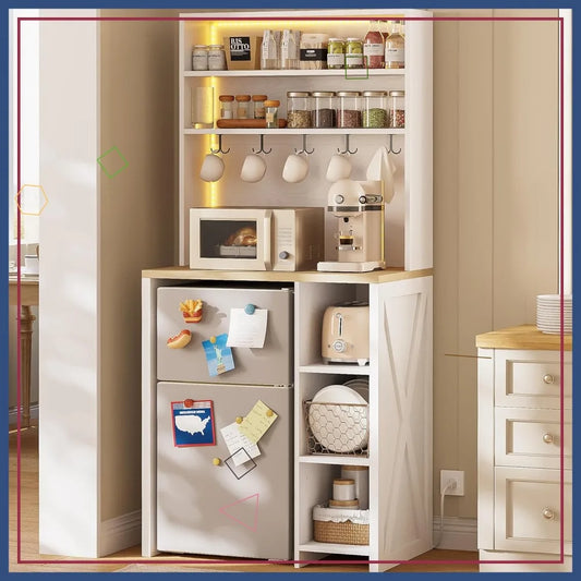 7-Tier Kitchen Microwave Stand With Mini Fridge And LED Lights
