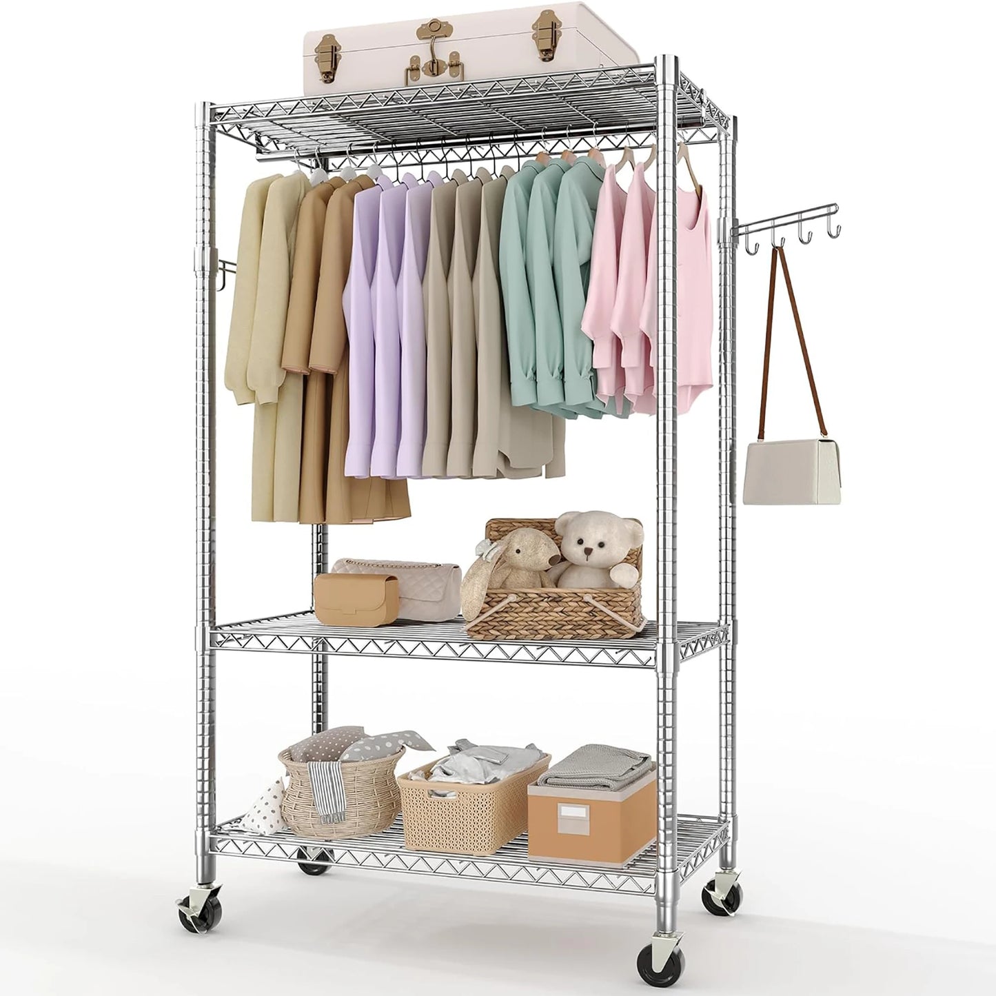 HiMISS 3 Tier Rolling Metal Garment Rack With Dual Rods