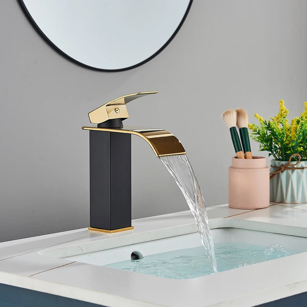 Onyzpily Deck Mounted Waterfall Basin Faucet Single Lever Hot Cold