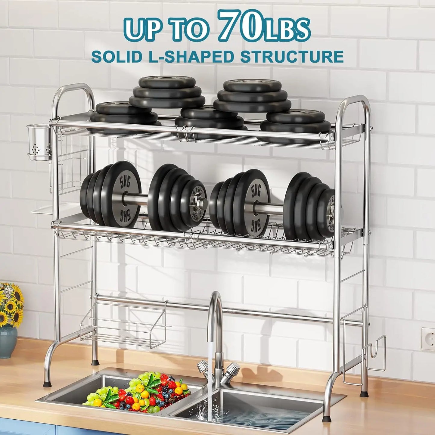 Stainless Steel Over Sink Dish Drying Rack With Utensil Holder Large Capacity