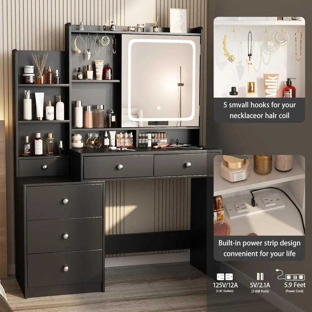 LED Lighted Makeup Vanity Desk With Charging Station And Three Color Lighting