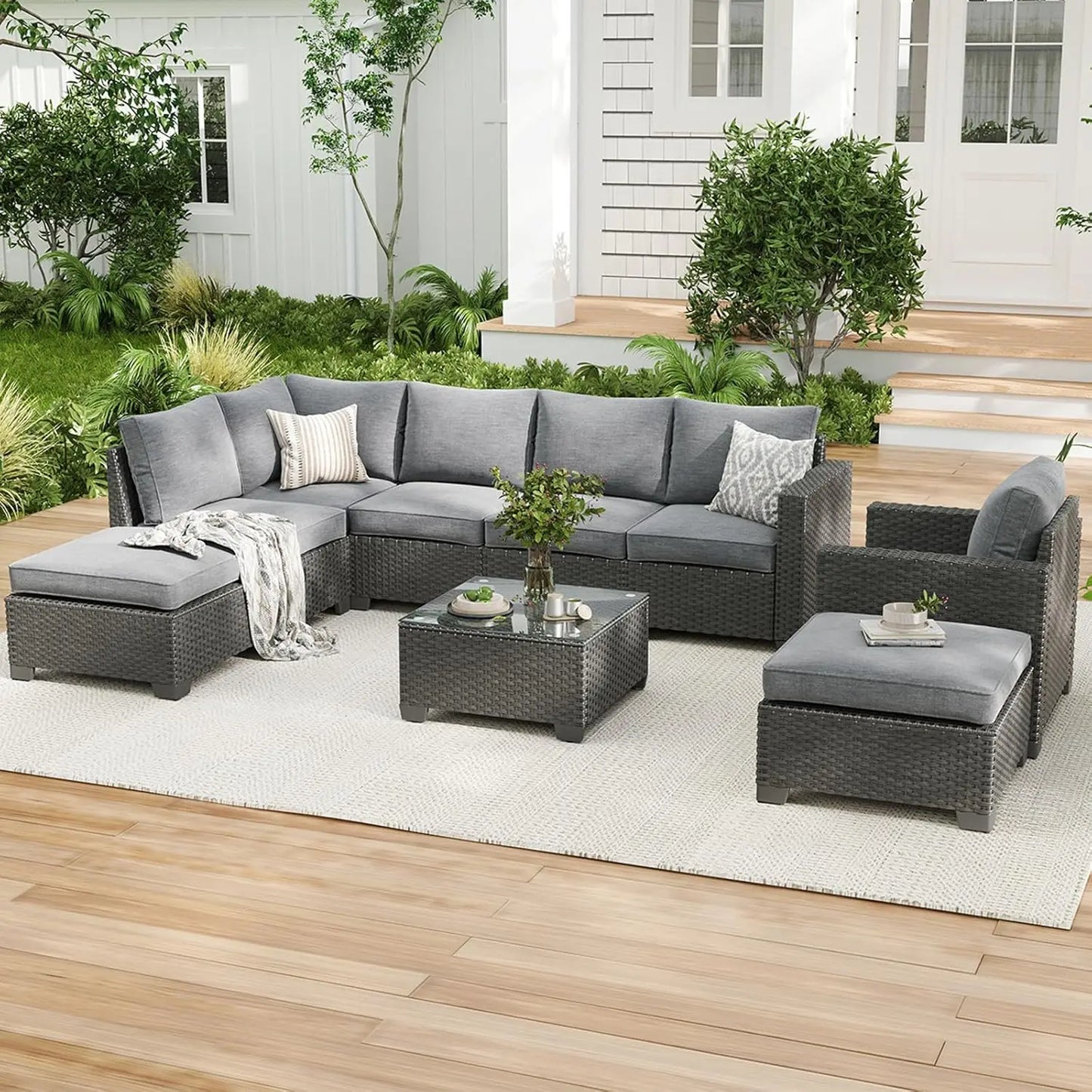 Outdoor Patio Sectional Sofa Set With Ottoman Water Resistant Fabric