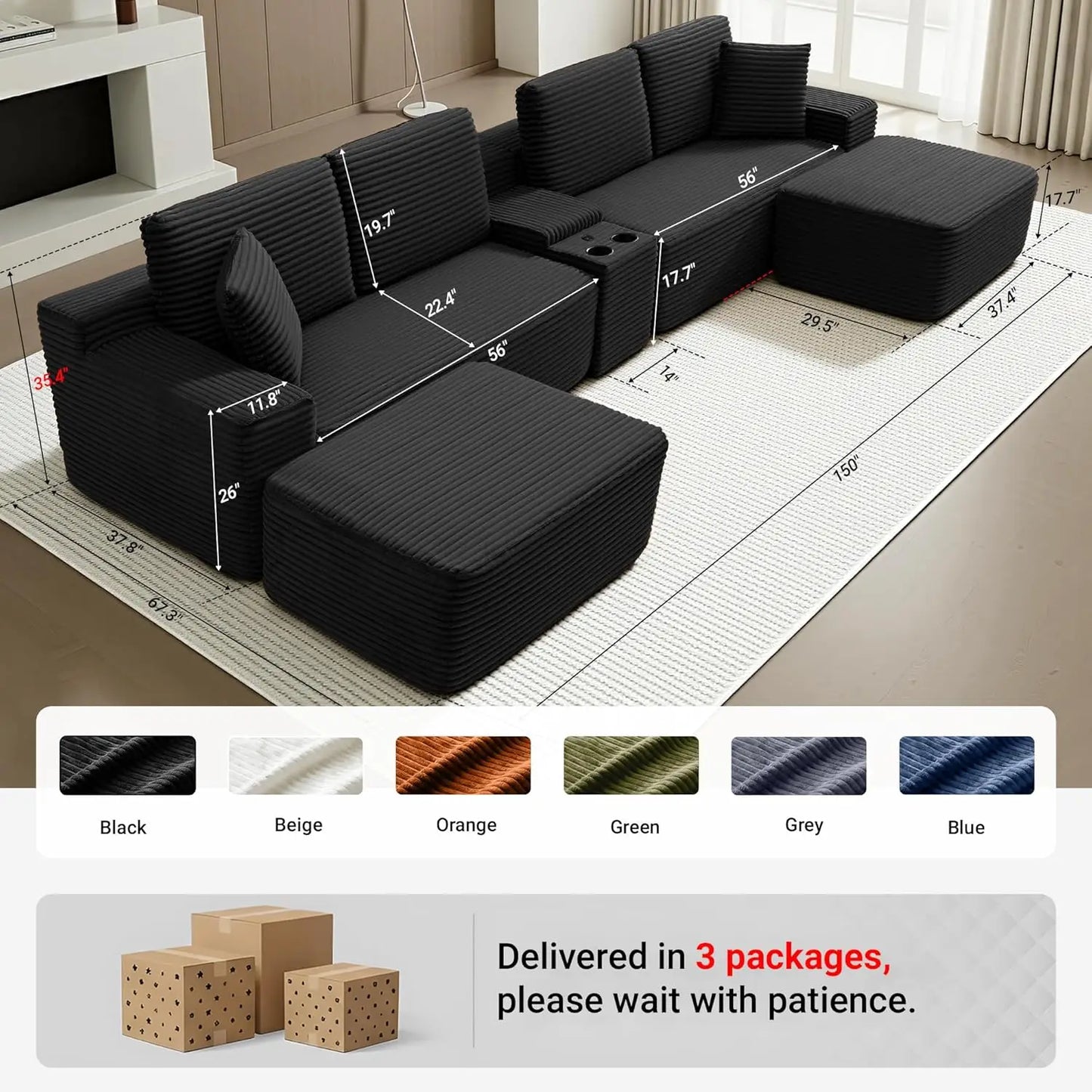 Modular L-Shaped Sectional Sofa With USB Ports Corduroy
