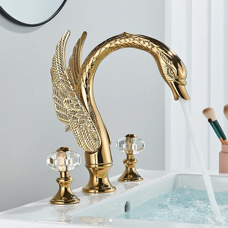 Saeuwtowy Golden Swan Bathroom Faucet With Dual Crystal Handles