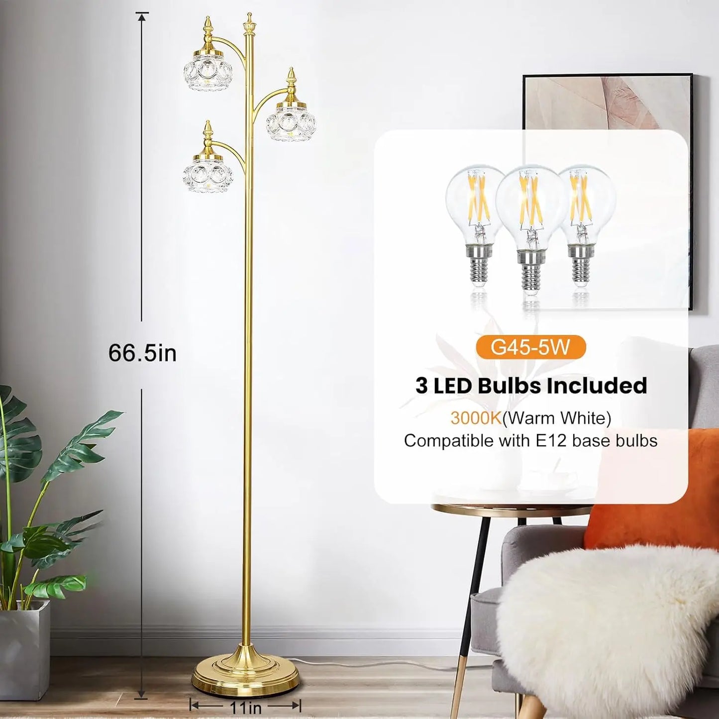 Gold Dimmable Tree Floor Lamp With Rotatable Glass Shade
