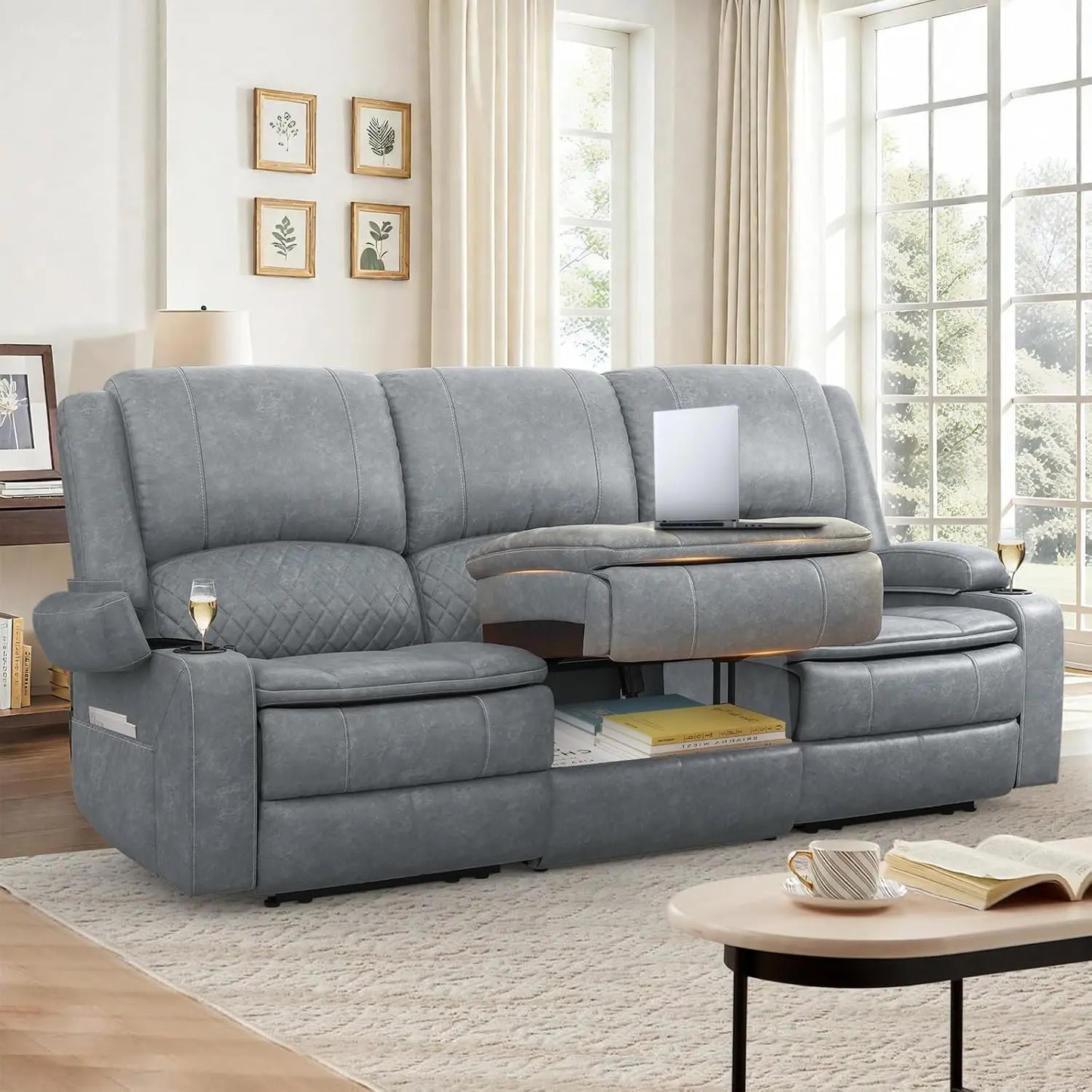 3 Seat Recliner Sofa With Console USB Ports And Cupholders
