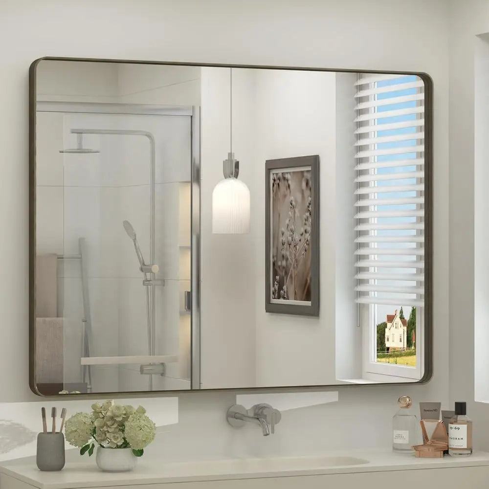 Rectangular Bathroom Mirror With Brushed Metal Finish