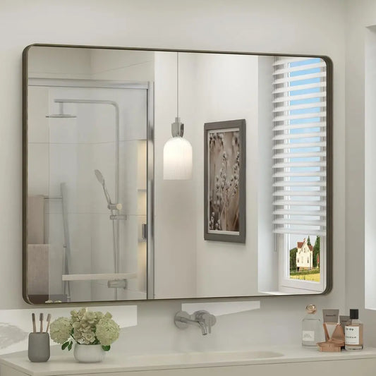 Rectangular Bathroom Mirror With Brushed Metal Finish