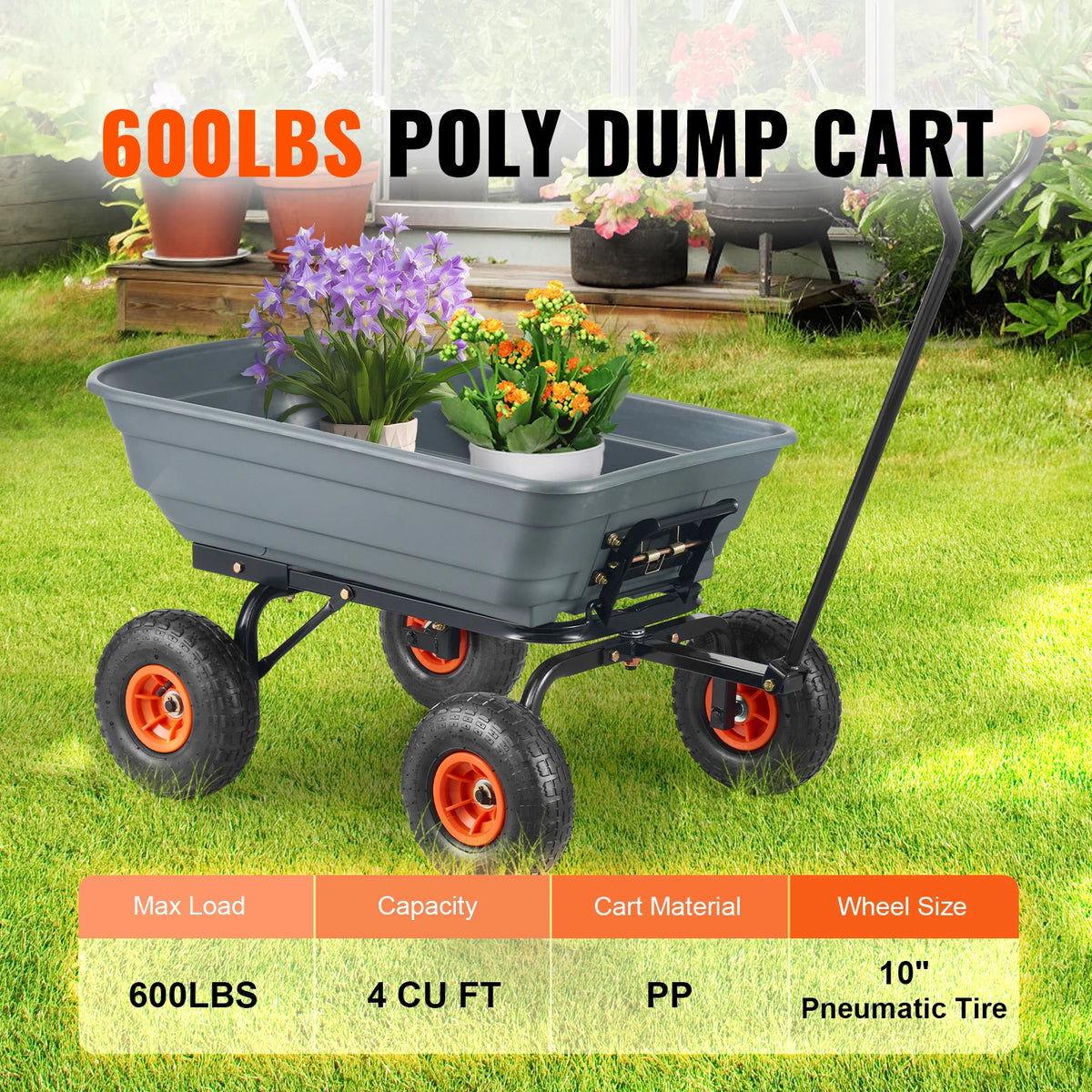 SucceBuy Heavy Duty Steel Garden Dump Cart With Convertible Handle
